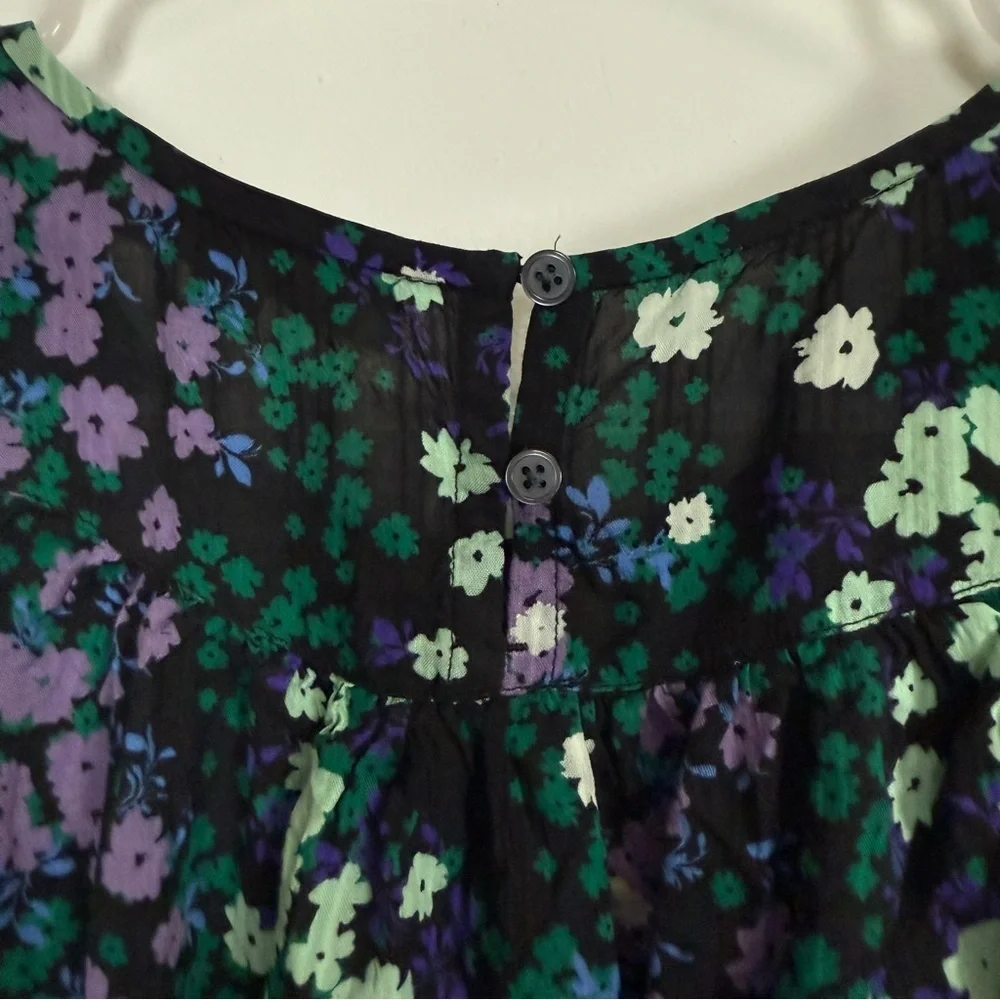 Loft Puff Sleeve Top Womens Medium Black Purple Green Floral Flower Blouse Shirt